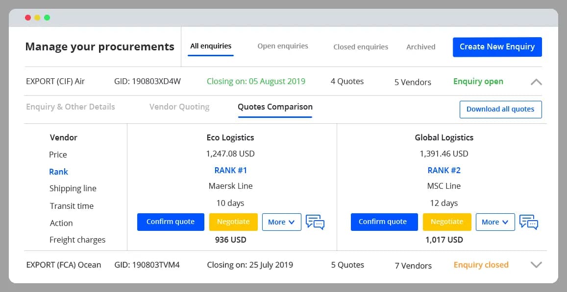 Freight Quotation Management product dashboard of GoComet 
