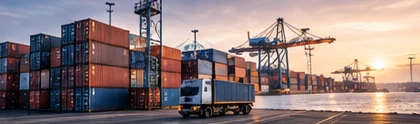 Container yard with a truck at sunset