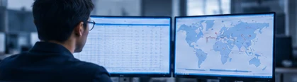 Analyst reviewing a shipment map on two screens