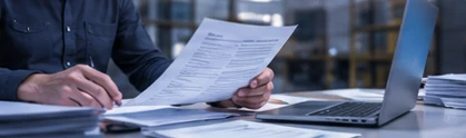 Person reviewing shipping documents at a laptop