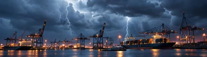 Storm over a container port at night